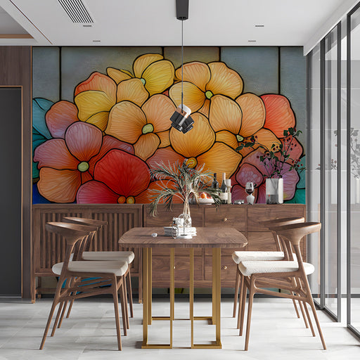 Modern living room featuring a vibrant stained glass effect botanical mural wall.
