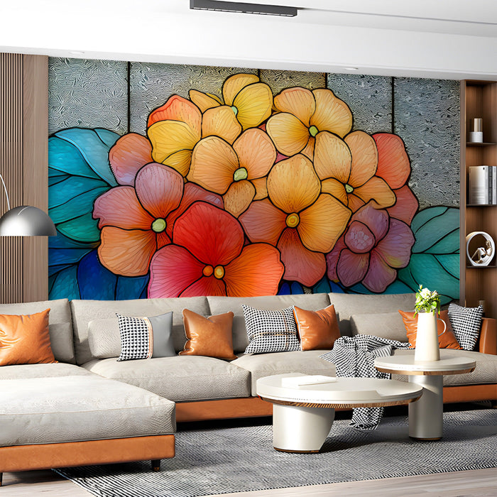 A colorful stained glass floral mural installed on the main wall of a dining room.