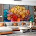 A colorful stained glass floral mural installed on the main wall of a dining room.