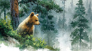 Painterly forest scene with a brown bear cub in the foreground and foggy pines in the background