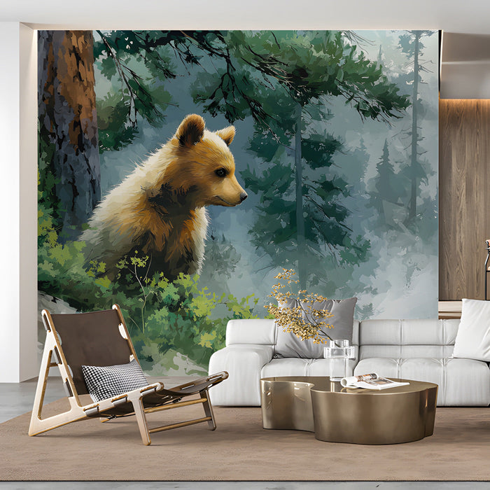 Study room wall decorated with a misty forest mural and a friendly bear cub design