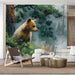 Study room wall decorated with a misty forest mural and a friendly bear cub design