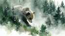 A grizzly bear walking through a misty forest, watercolor style in sage green, charcoal, and soft white fog.