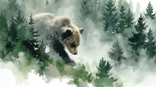A grizzly bear walking through a misty forest, watercolor style in sage green, charcoal, and soft white fog.