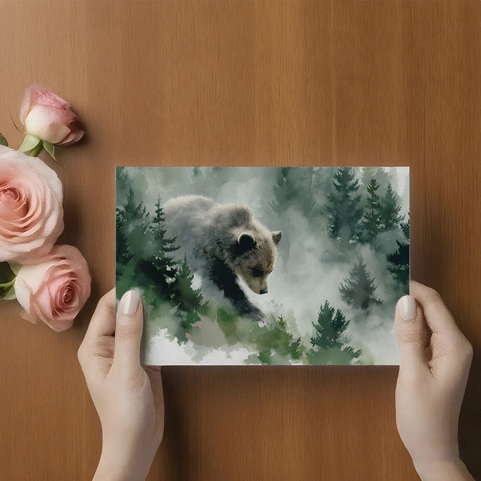 A peaceful bedroom featuring a grizzly bear wall mural as a serene headboard feature.