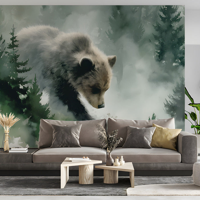 A library or study space with a nature-inspired bear mural on the main accent wall.