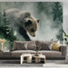 A library or study space with a nature-inspired bear mural on the main accent wall.