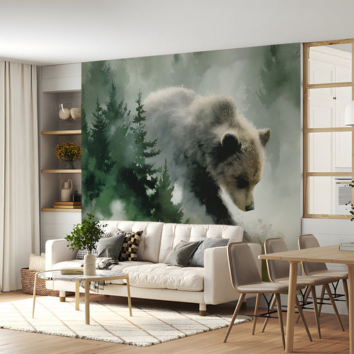 A cozy nursery featuring a large misty forest bear mural behind a wooden crib.