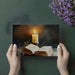 Intimate home office wall decor with dark academia candle and book mural