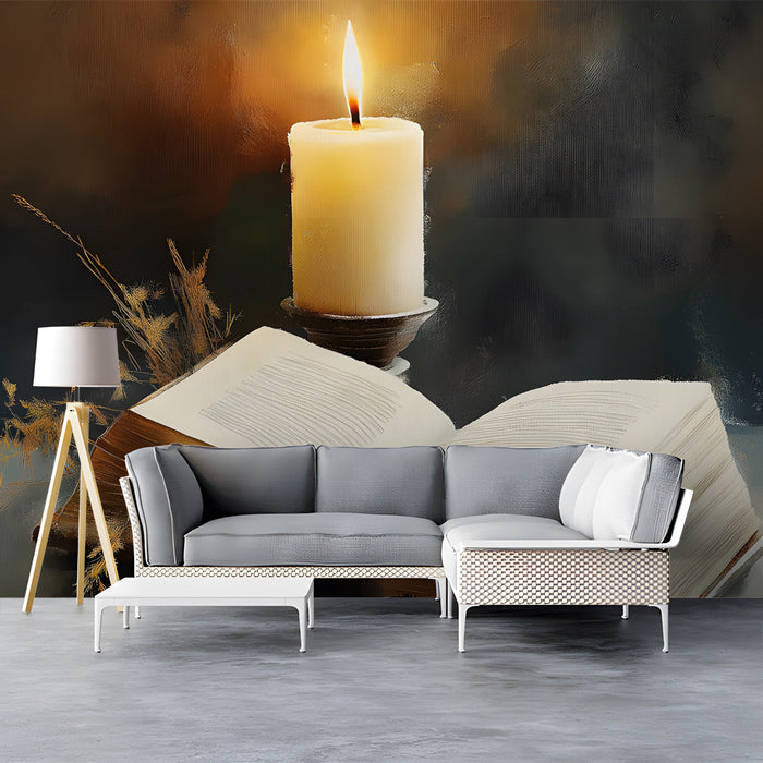 Sophisticated living room feature wall with warm candle-themed artistic wallpaper