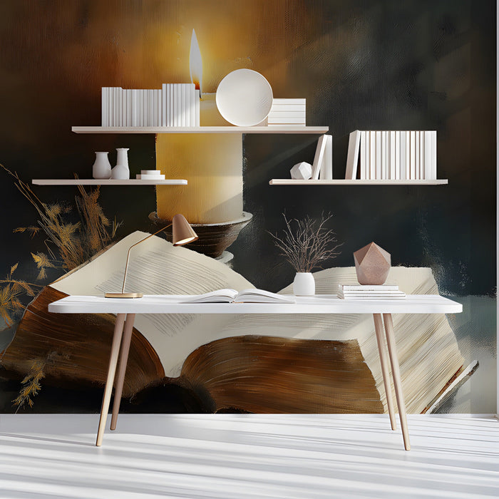 Moody home library wall mural featuring an open book and candlelit glow