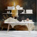 Moody home library wall mural featuring an open book and candlelit glow