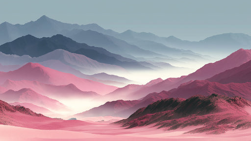 Abstract mountain landscape mural in shades of dusty rose, berry, slate blue, and gray with misty valleys.