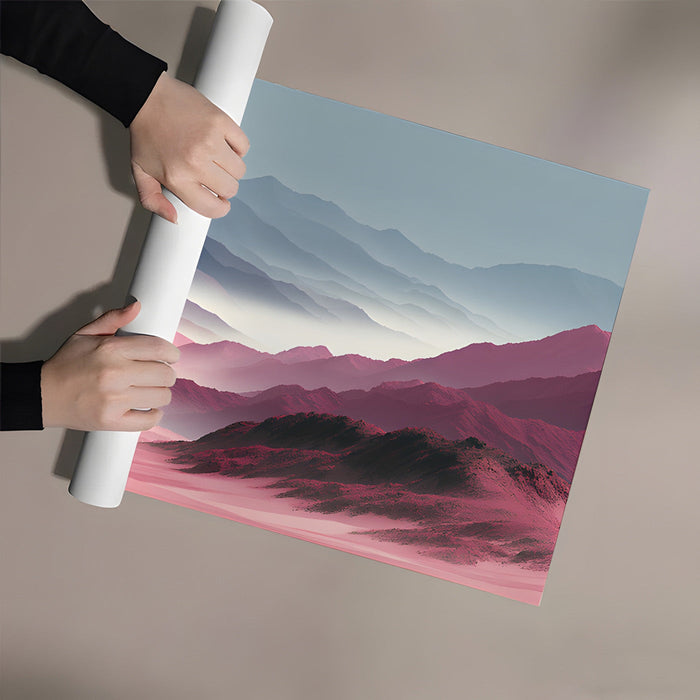 Bedroom wall decorated with a mist-covered mountain mural in soft pink and slate blue tones.