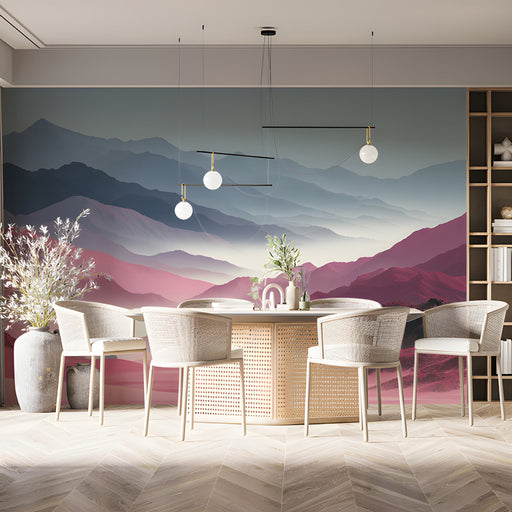Home office interior with a landscape wallpaper pattern of distant mountain peaks and soft morning fog.