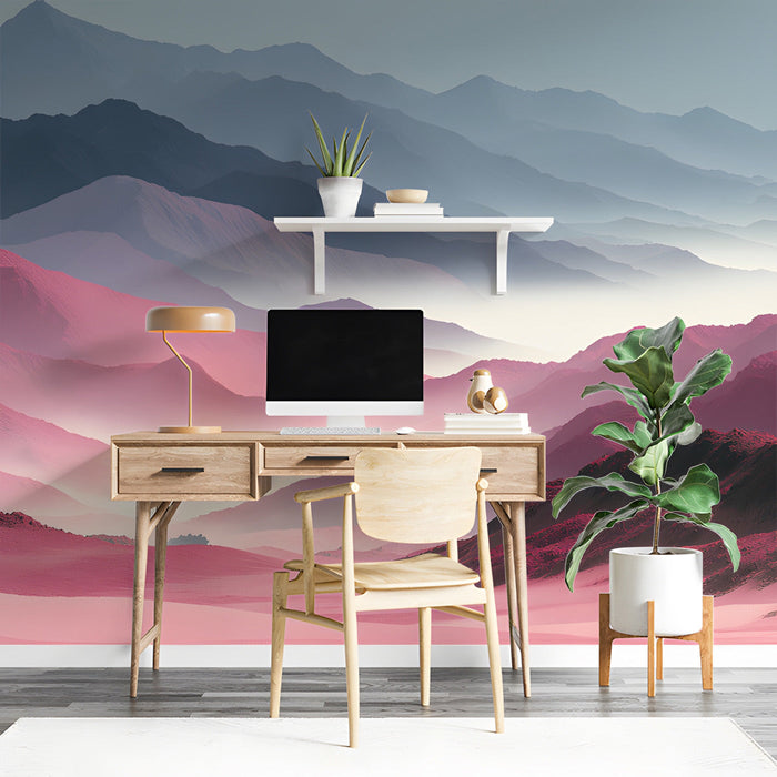 Study featuring a serene mountain range wall mural as a decorative focal point behind a minimalist sofa.