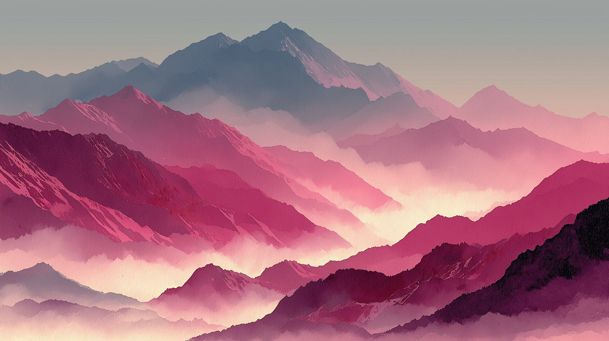 Abstract misty mountain range in vibrant magenta, rose, and charcoal gray with a painterly texture.