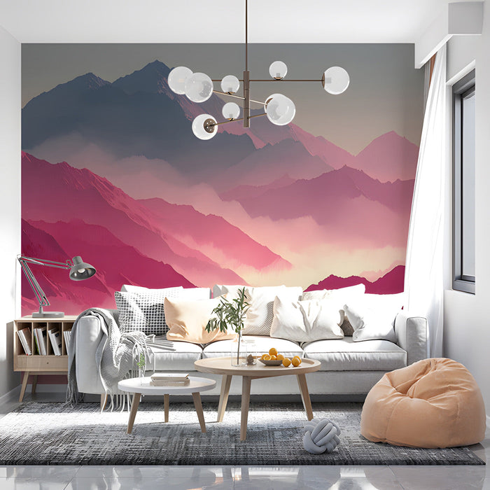 A modern living room space featuring an atmospheric mountain range mural for a dramatic aesthetic.