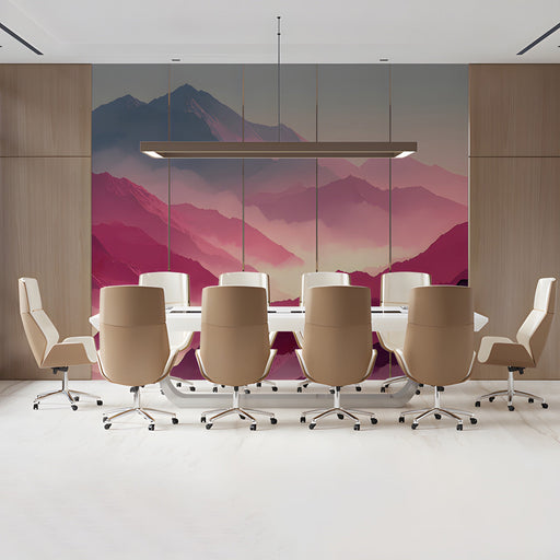 A cozy bedroom featuring a magenta mountain sunset mural as a calming feature wall behind a bed.