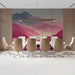 A cozy bedroom featuring a magenta mountain sunset mural as a calming feature wall behind a bed.