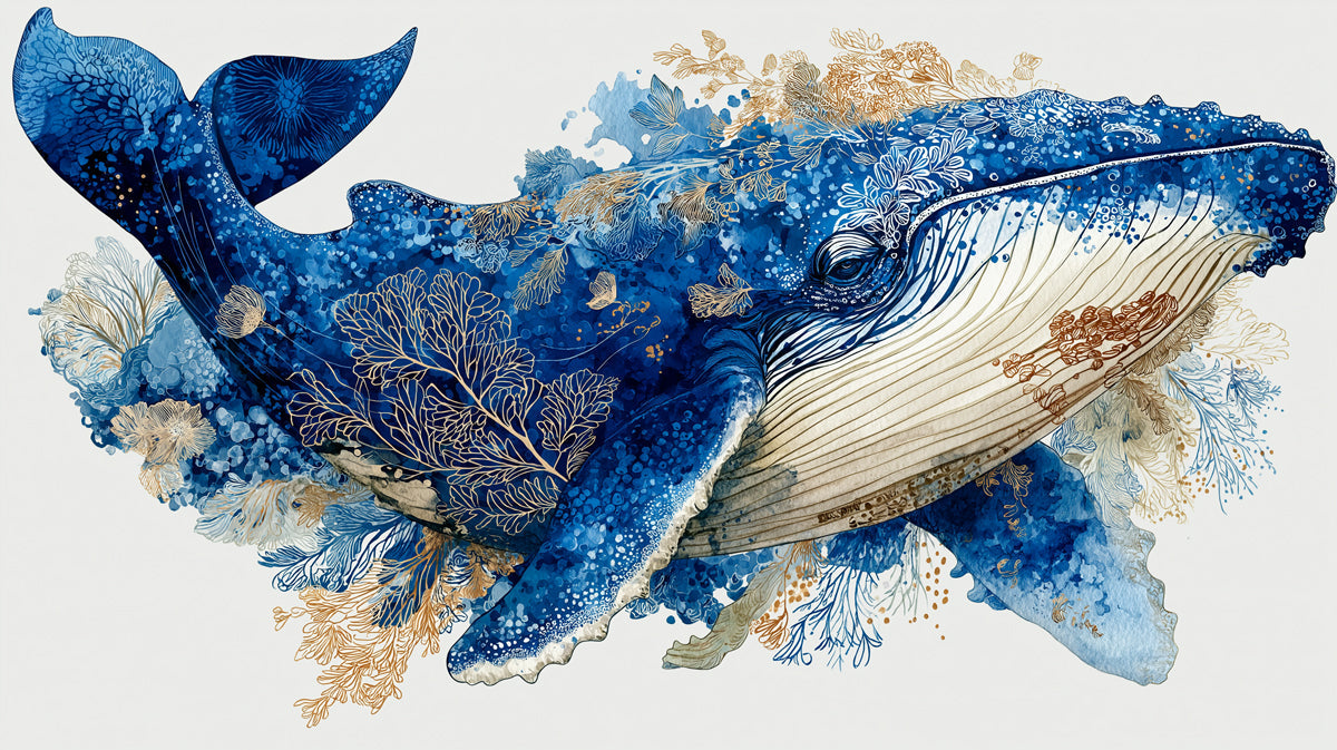 A Humpback whale illustration in deep blue watercolors with gold coral details on a plain white background