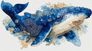 A Humpback whale illustration in deep blue watercolors with gold coral details on a plain white background