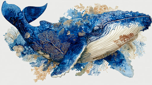 A Humpback whale illustration in deep blue watercolors with gold coral details on a plain white background