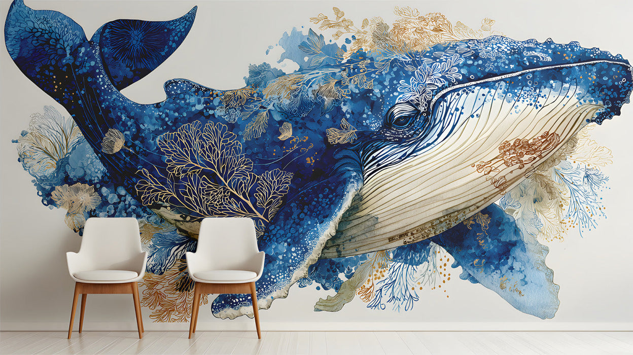 A spacious nursery room featuring the blue whale mural as an artistic focal wall behind a white crib