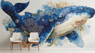 A spacious nursery room featuring the blue whale mural as an artistic focal wall behind a white crib