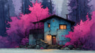 Watercolor style mural featuring a blue cottage nestled in magenta and violet forest trees