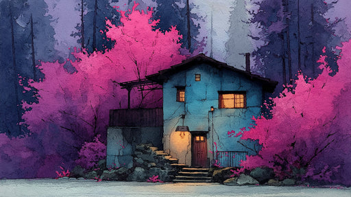 Watercolor style mural featuring a blue cottage nestled in magenta and violet forest trees