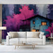 Home office featuring a creative forest scene with a glowing cottage accent wall