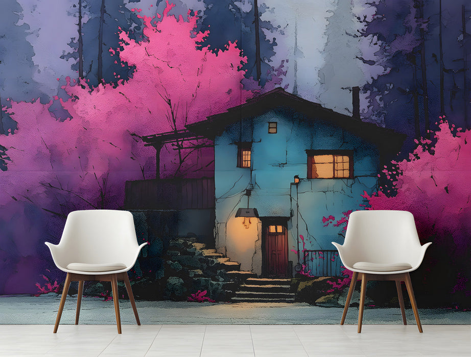 entryeway interior featuring a whimsical cabin mural behind a modern velvet sofa