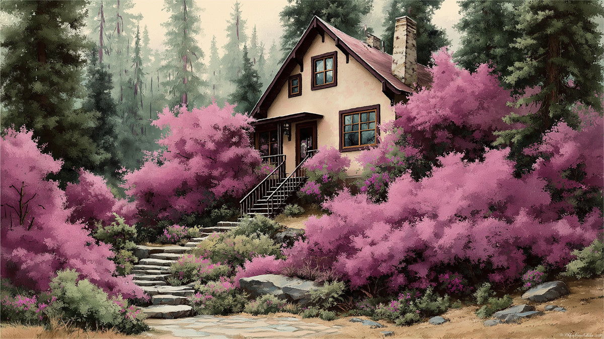 Painterly mural featuring a stone cottage surrounded by deep forest trees and vibrant magenta spring blossoms