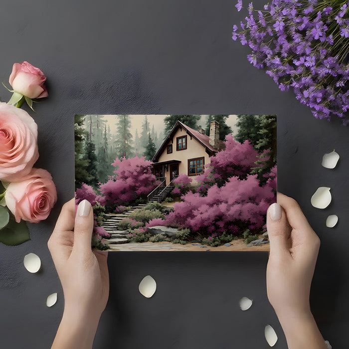 Home office space with a cozy spring cottage mural providing an inspiring natural view