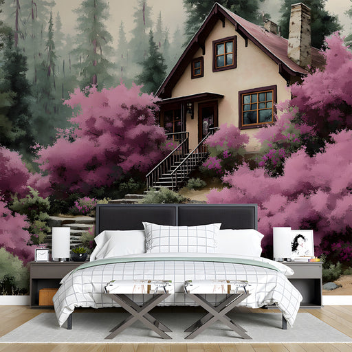 Living room interior featuring a whimsical woodland cottage wallpaper as a serene feature wall