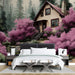 Living room interior featuring a whimsical woodland cottage wallpaper as a serene feature wall