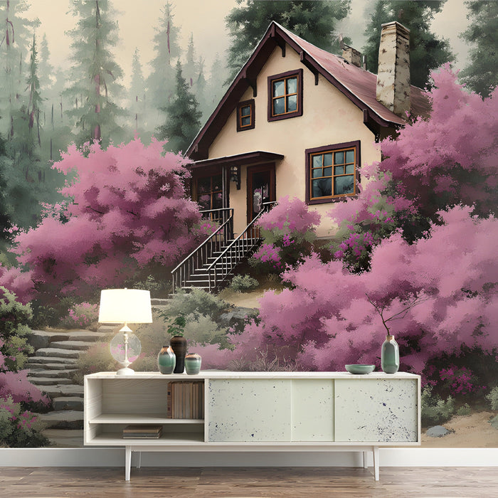 Bedroom wall decorated with a peaceful forest landscape mural in soft pink and green tones