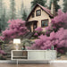 Bedroom wall decorated with a peaceful forest landscape mural in soft pink and green tones