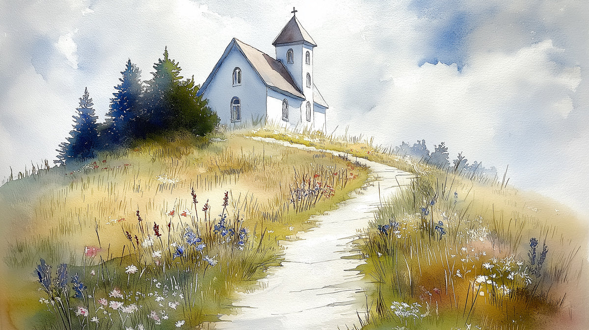 Watercolor painting of a white church on a grassy hillside with wildflowers