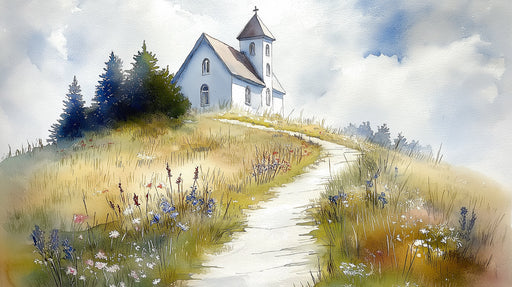 Watercolor painting of a white church on a grassy hillside with wildflowers