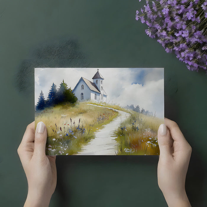 Bedroom wall covered in a serene watercolor church and countryside mural