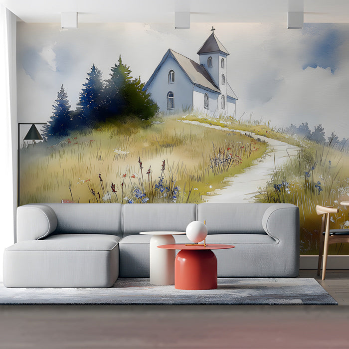 Cozy reading nook with a scenic landscape mural on the main wall