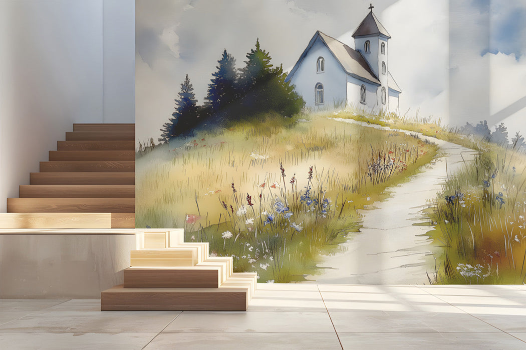 Living room featuring a peaceful landscape wallpaper mural behind a sofa