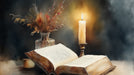Oil painting style mural of an open book, a burning candle, and dried flowers against a dark moody background