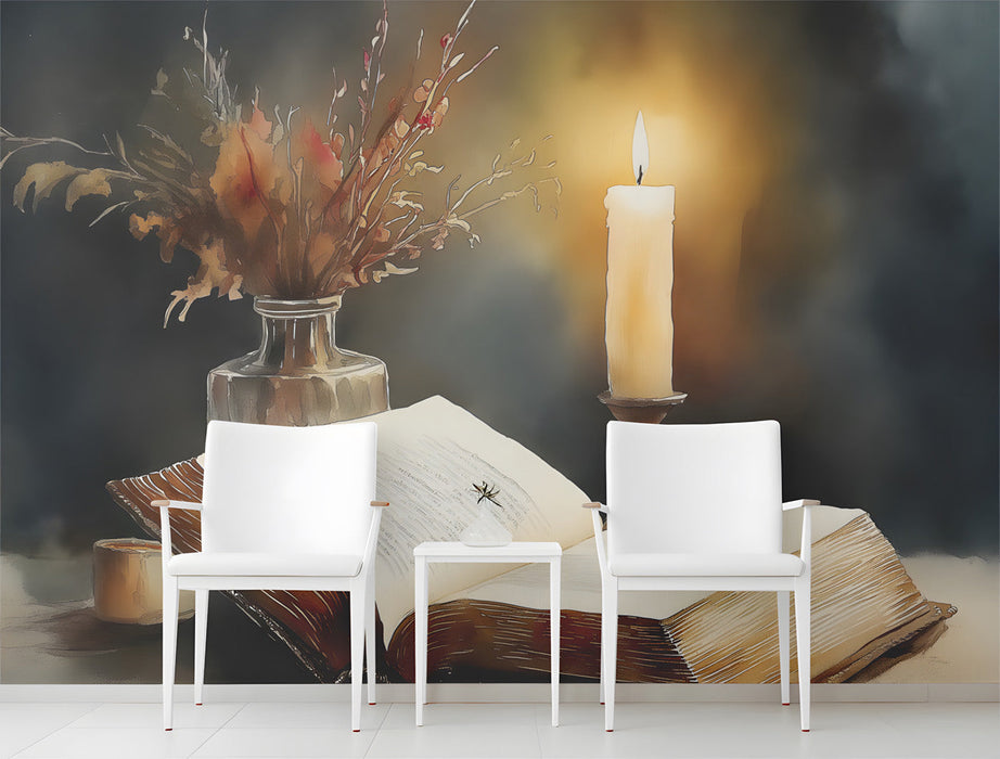 Close-up of the candlelit library mural installed behind a wooden desk in a home office