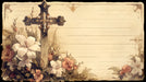 Vintage manuscript wallpaper with a gothic cross, white lilies, and faded calligraphy on sepia parchment background.