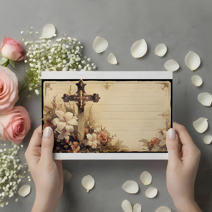 Bedroom wall mural showing a gothic cross and floral motif, styled with dark wood furniture and warm ambient lighting.