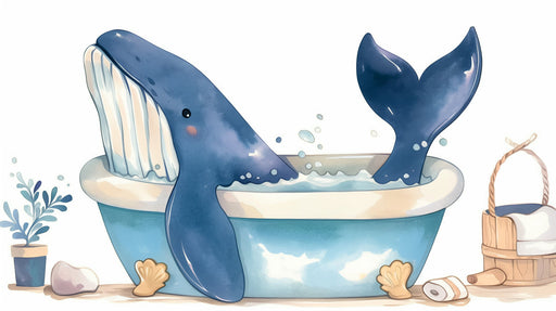 Watercolor illustration of a blue whale sitting in a bathtub on a white background