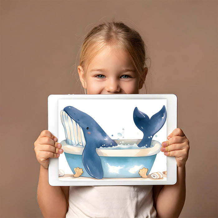 Playful whale wallpaper design featuring in a clean contemporary bathroom